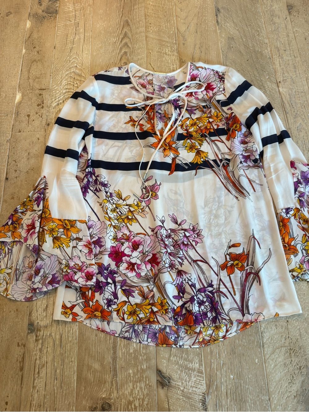 Elie Tahari Floral Tie-Neck Striped Bell-Sleeve Top - White Floral XS